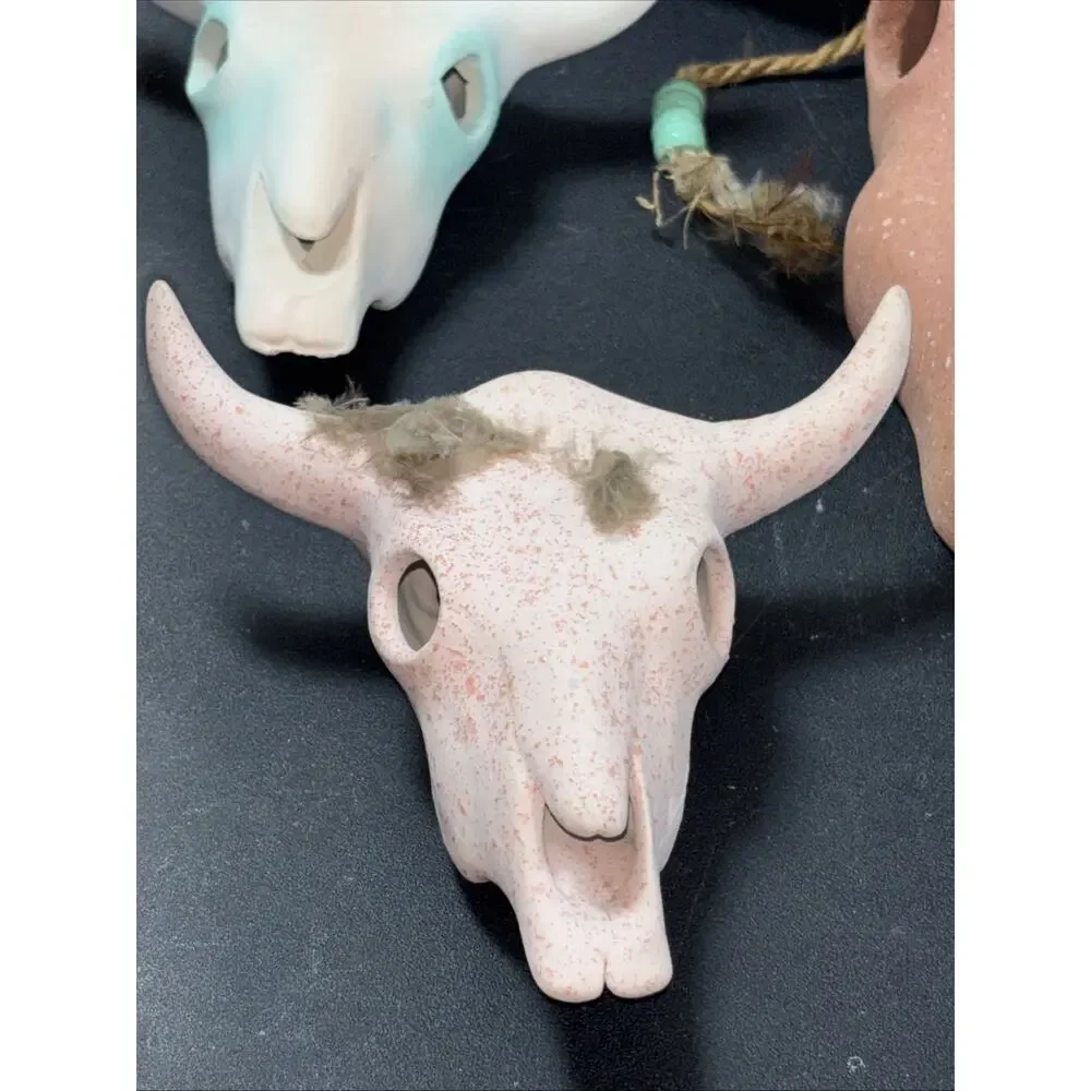 5 Southwestern Pottery Ceramic Bull Skull Hand-Painted Wall Table Decor 7” & 5”
